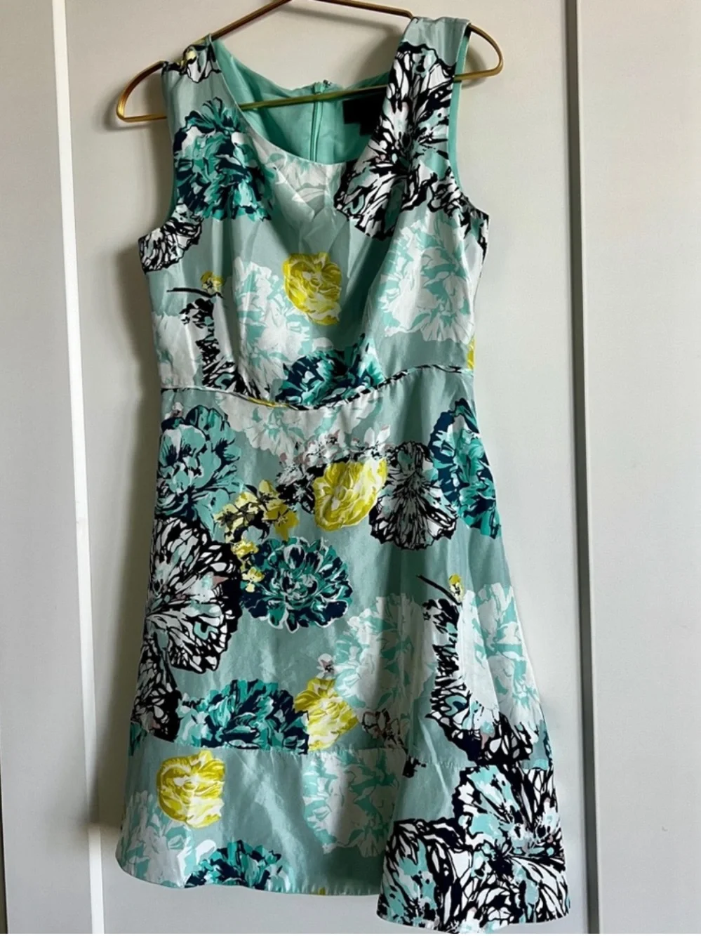 J.Crew 100% Silk Watercolor Floral A-Line Dress Blue Teal Yellow Sleeveless Sz 4